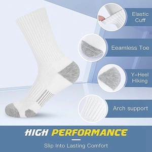 White crew athletic socks with cushioned grey sole and arch support technical features