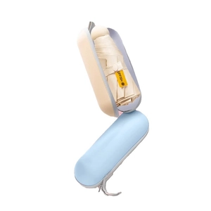 Portable 5-fold beige capsule sun umbrella with UPF50+ protection and bicolored storage case