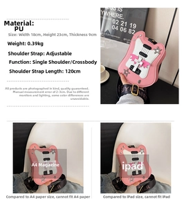 Pink guitar-shaped crossbody bag details with 18x23x9cm size and star rivet accents