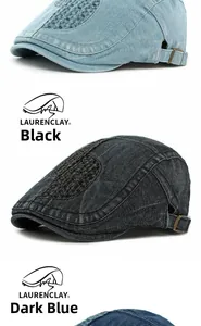 Detailed macro view of denim cap featuring textured woven crown and bronze metal buckle