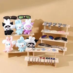 Multi-tier wooden stepped display stand for jewelry and collectibles with natural wood grain
