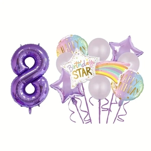 Purple number 8 balloon set with rainbow and star foil balloons for birthday party decor