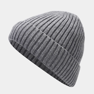 Close-up of the thick ribbed knit texture and cuffed hem on the dark grey winter beanie