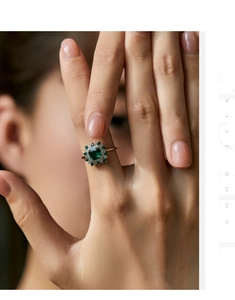 Detailed macro view of vintage emerald-style ring with shimmering diamond halo settings