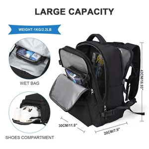 Exploded view of travel backpack with wet bag, shoe compartment and large storage capacity