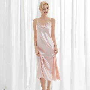 Satin Nightgown Women Lace V Neck Spaghetti Strap Long Sleepwear Elegant Lingerie Slip Dress