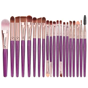 Macro view of 20pcs makeup brush set with purple glitter handles and rose gold tubes
