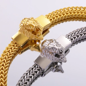 Men's hip hop lion head bracelet with stainless steel wheat chain in gold and silver