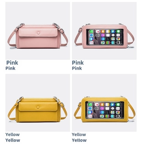 Detail view of touchscreen crossbody phone bag showing pink and yellow pebble leather textures