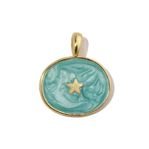 Detail of gold-plated starfish pendant with blue marble enamel and star motif