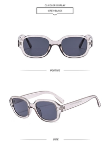 Front and side view of oval vintage sunglasses with transparent grey frames and black lenses