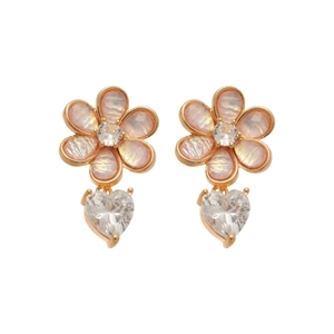 Pink resin flower earrings with heart-shaped zircon pendants on white background