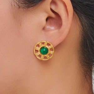 Vintage gold plated stainless steel stud earrings with green natural stone and chain detail