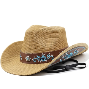 Western Cowboy Straw Hat Wide Brim Sun Protection Retro Ethnic Floral Embroidery Leather Band Adjustable Wind Rope Summer