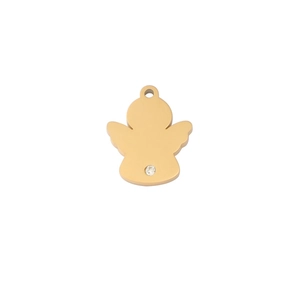 Detailed view of a gold angel pendant with a clear crystal and mirror finish