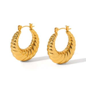 18K gold plated stainless steel hollow croissant earrings with textured twisted design