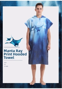 Deep blue hooded microfiber changing robe featuring a detailed manta ray ocean print