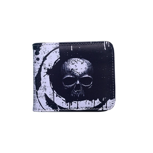 Vintage gothic skull wallet in purple and black with splattered ink graphics for men