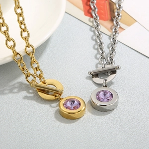 Thick stainless steel toggle clasp necklace with round purple stone in gold and silver