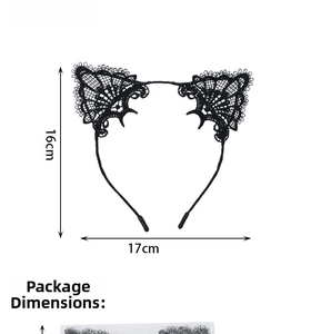 Detailed size measurement showing 16cm height and 17cm width of black lace cat ear headband