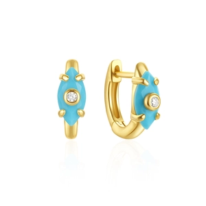 Macro shot of gold hoop earrings with marquise turquoise stones and white diamond accents