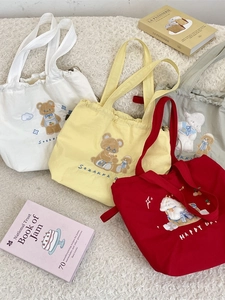 Canvas Tote Bag Cartoon Embroidery Bear Sheep Drawstring Handbag Kawaii Large Capacity Shoulder Bag For Women School Travel