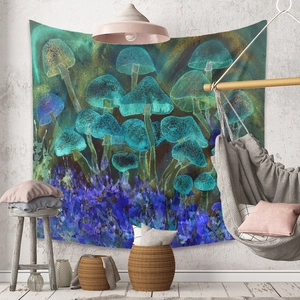 Detail of glow-in-the-dark mushroom tapestry with psychedelic neon forest on white wall