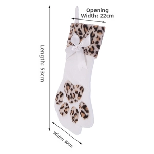 Detail view of plush leopard print Christmas stocking with dimensions 22x53x30cm