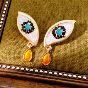 Evil Eye Drop Earrings Alloy Rhinestone With Silver Earring Post Vintage Heart Blue Stone Amber Teardrop For Women