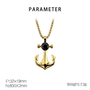 Detailed view of golden anchor pendant with black stone and product dimensions