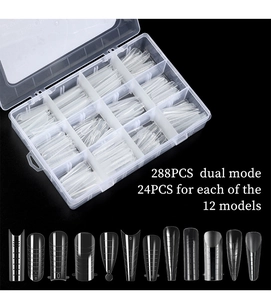 Detailed view of 288pcs clear dual nail forms in 12 sizes for acrylic gel extension