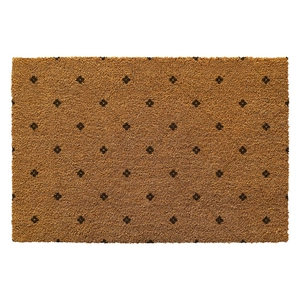 Close-up of brown coir doormat featuring cross pattern and natural fiber texture