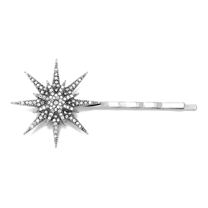 Detail shot of silver octagonal star hair clip with sparkling white rhinestones inlay
