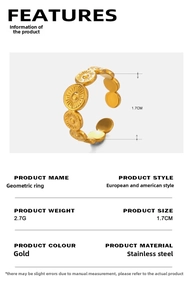 Detailed view of golden stainless steel geometric ring with size and weight specs