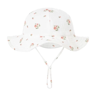 Infant white cotton sun hat with pink floral rose print and adjustable chin straps