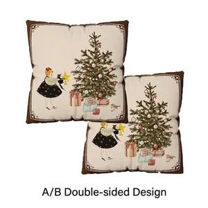 Double-sided Christmas tree and girl throw pillow covers in vintage hand-drawn style