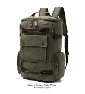 Detail view of army green canvas backpack with vintage flap pockets and leather accents