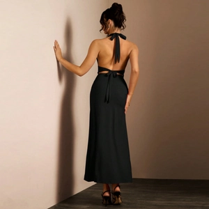 Sexy black backless halter maxi dress with crisscross tie details for an elegant look