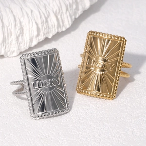 Stainless Steel Lucky Engraved Ring Vintage Rectangular Sunburst Pattern Adjustable Open Finger Jewelry For Women