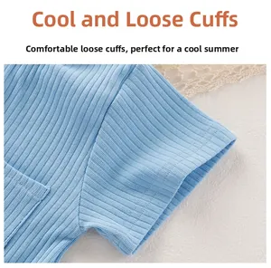 Close-up of baby romper ribbed fabric with breathable sky blue loose sleeve cuffs