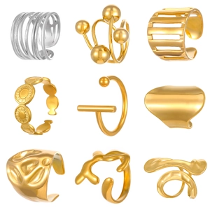 Detailed grid of 18K gold and silver stainless steel rings with lava geometric designs