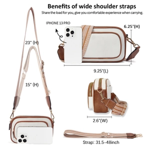 Detail view of the stylish crossbody bag showing dimensions, strap length, and phone for scale.