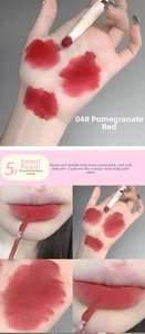 Close-up of matte lip mud shades 04 and 05 with sponge applicator and texture swatches