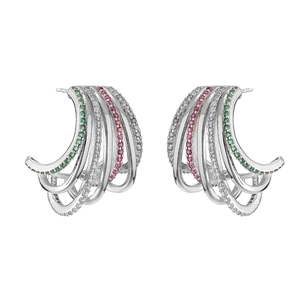 Detail of multi-layer C-shaped earrings with micro-set green, red, and white crystals