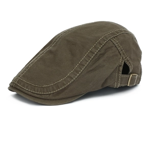 Classic cotton twill flat cap in olive brown with adjustable bronze metal side buckle