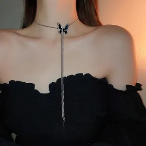 Elegant black butterfly tassel choker necklace with sparkling rhinestones for women