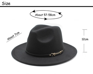 Detailed size guide for black wool fedora hat with dimensions and stylish belt buckle