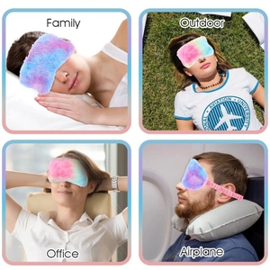 Rainbow tie-dye plush eye mask shown in home, outdoor, office, and flight scenarios