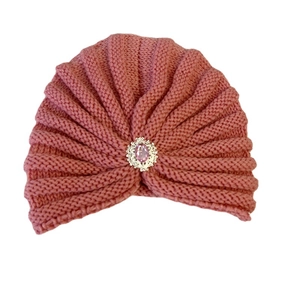 Pink knitted turban beanie for women with elegant crystal metal embellishment