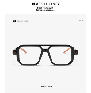Detail of stylish square black sunglasses with double bridge and tortoiseshell temples